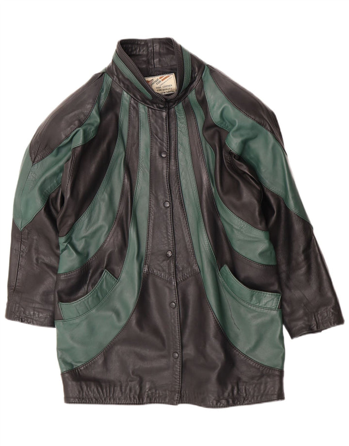 Vintage damska kurtka skórzana o luźnym kroju EU 46 XL, czarna skóra z blokami kolorów