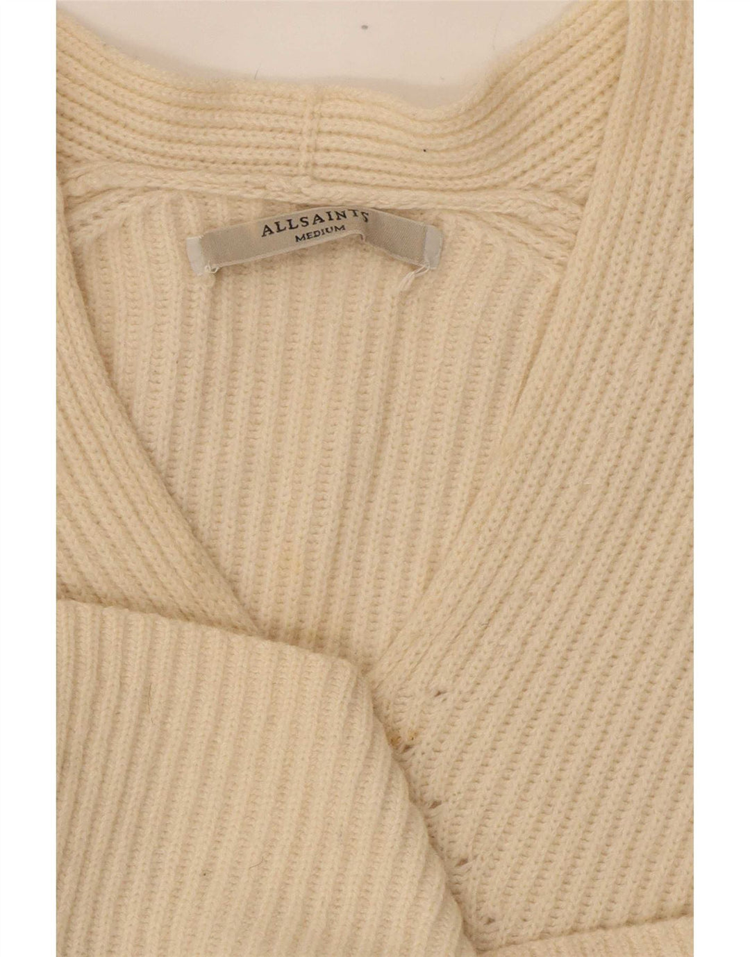Damski sweter oversize All Saints z dekoltem w kształcie litery V, UK 14, średni złamanej bieli