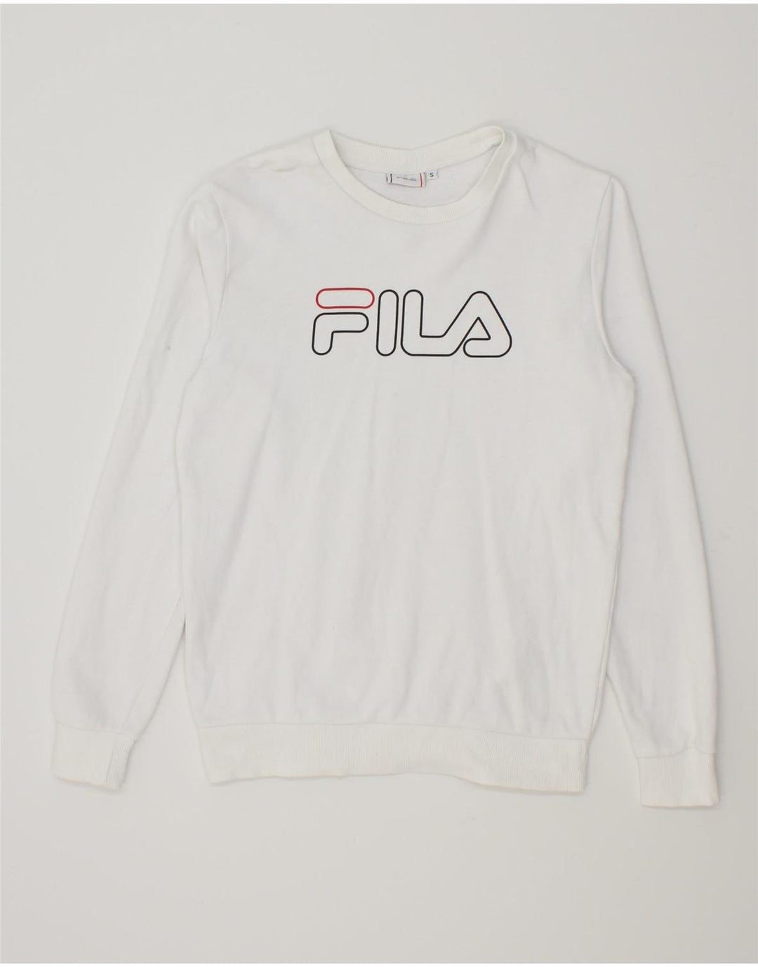 FILA Mens Graphic Sweatshirt Jumper Small White Cotton Vintage Fila and Second-Hand Fila from Messina Hembry 