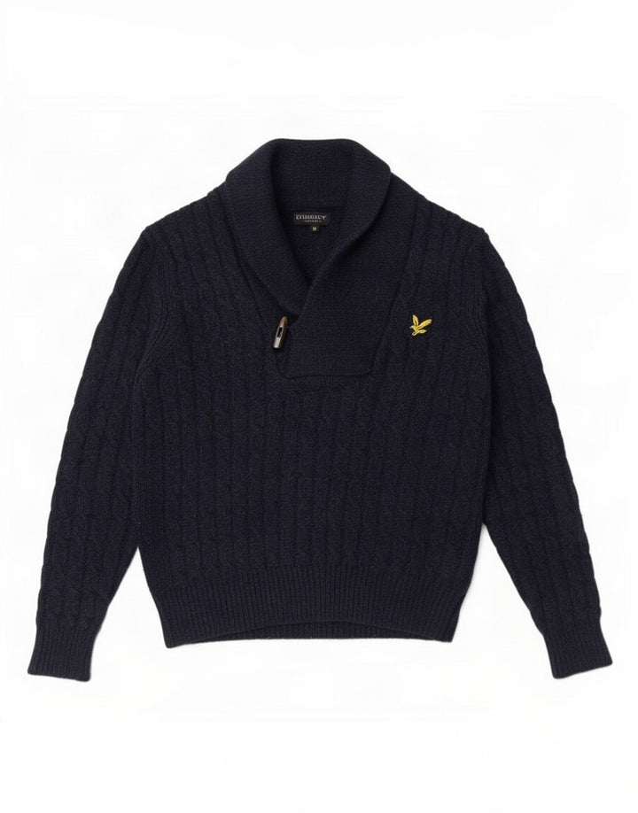 Męski sweter z szalowym dekoltem Lyle & Scott Średni granatowy wełniany