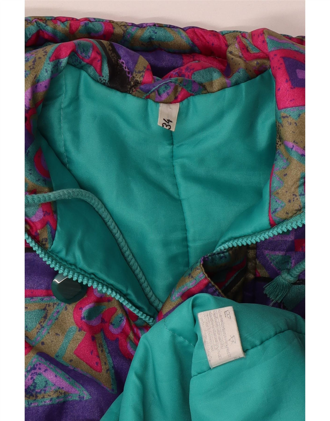 Dziewczęcy płaszcz wiatrówka z kapturem VINTAGE 15-16 lat, wielokolorowy, geometryczny