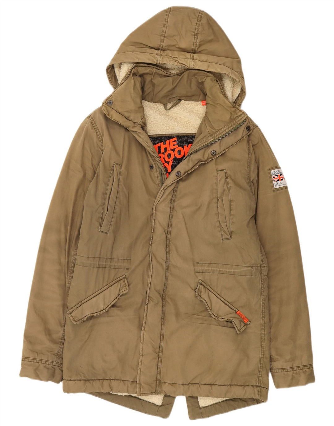 Damska kurtka parka z kapturem Superdry UK 16, duża, bawełniana khaki