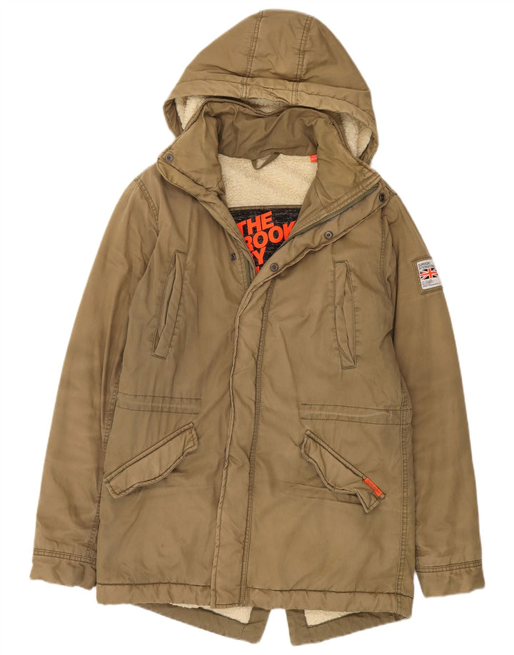Damska kurtka parka z kapturem Superdry UK 16, duża, bawełniana khaki