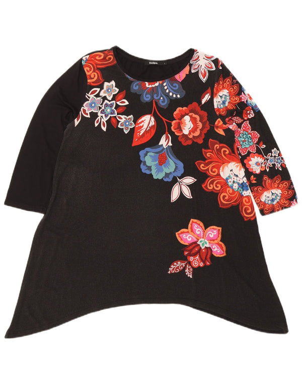 Damska tunika z graficznym rękawem 3/4 Desigual UK 14, duża, czarna w kwiaty