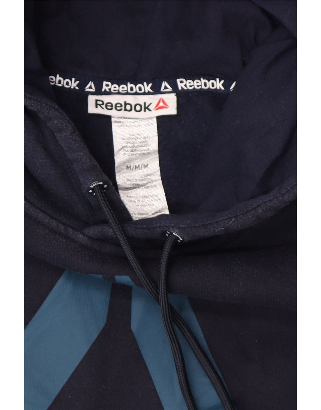 REEBOK Mens Graphic Hoodie Jumper Medium Navy Blue Cotton Vintage Reebok and Second-Hand Reebok from Messina Hembry 