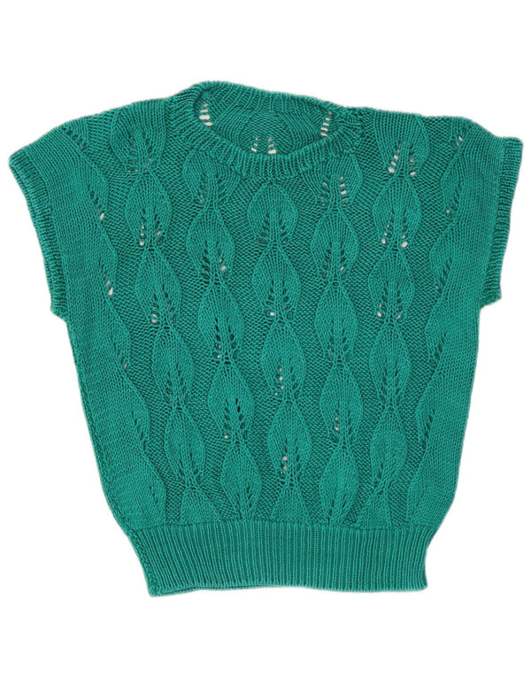 Damski sweter bez rękawów i okrągłym dekoltem w stylu VINTAGE UK 10 Mały turkusowy