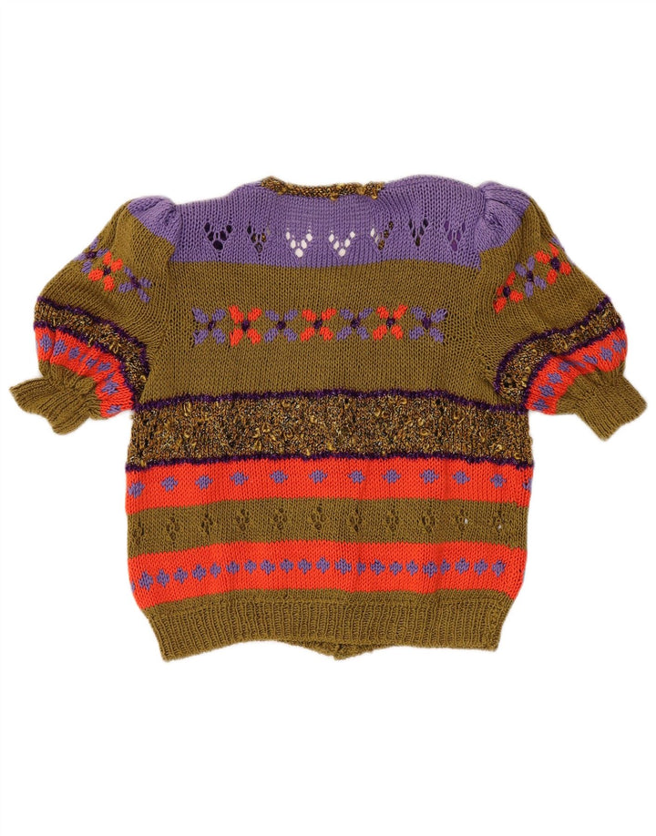 Sweter damski z krótkim rękawem w stylu vintage, UK 14, średni khaki, blok kolorów