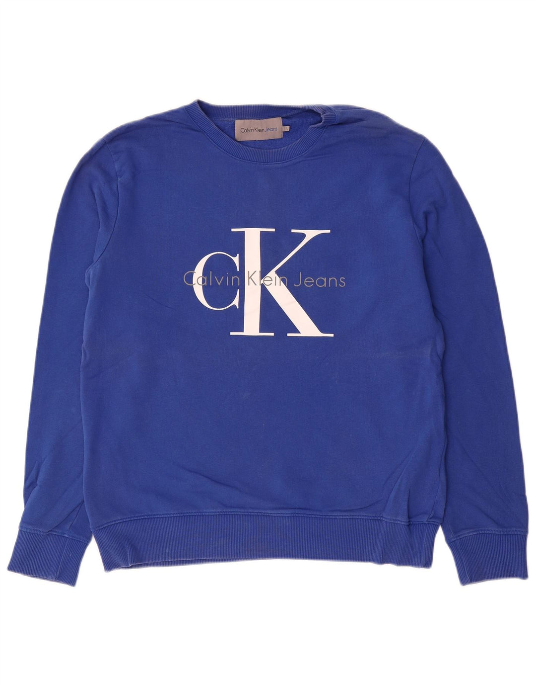 CALVIN KLEIN JEANS Męski sweter z grafiką, duży, niebieski, bawełniany