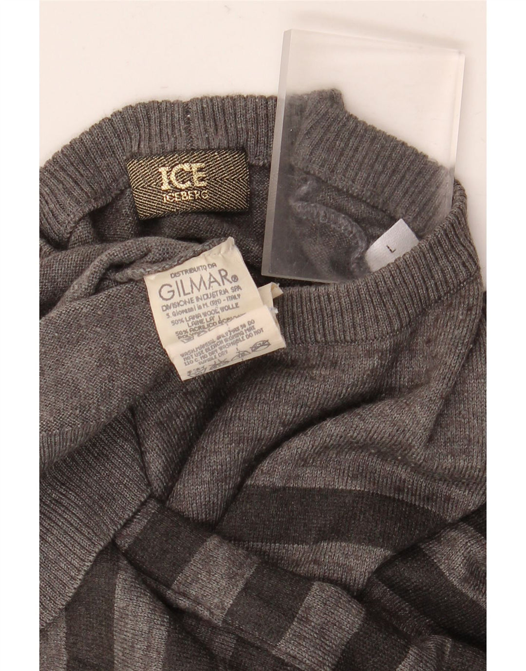 Damski sweter z okrągłym dekoltem Iceberg UK 16, duża, wełniana w szare paski