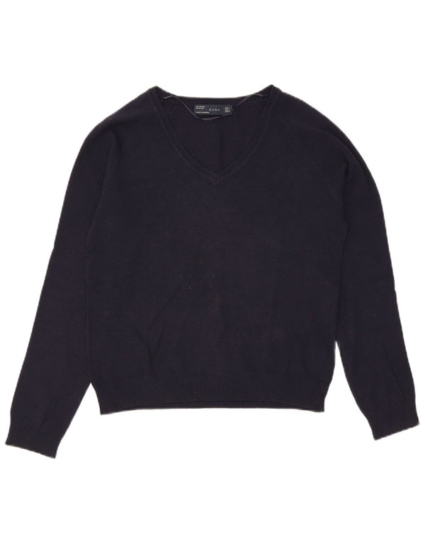 Sweter damski Zara z dekoltem w kształcie litery V, UK 14, duży, granatowy, bawełniany
