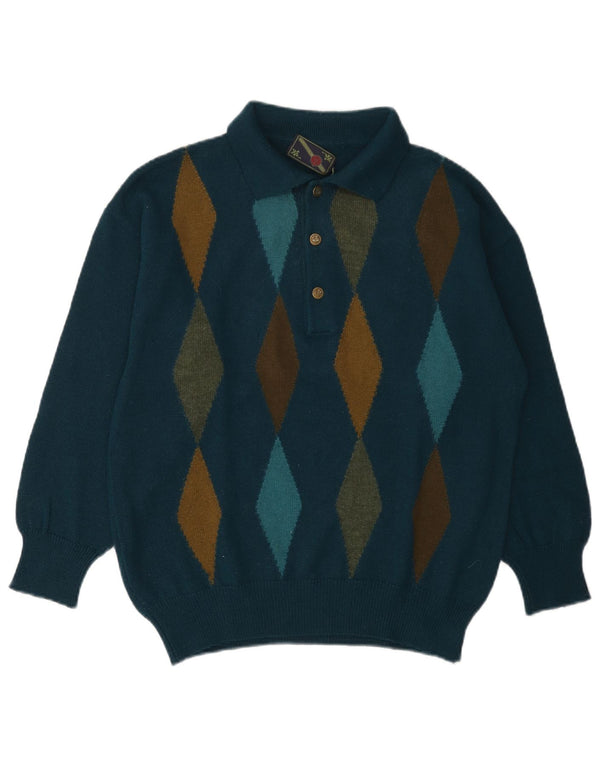 Męski sweter z dekoltem w stylu vintage, średni granatowy, argyle/diamentowa wełna