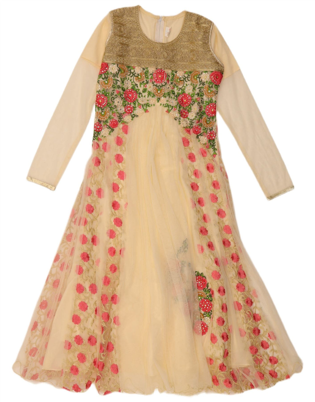 Damska sukienka o linii A z długim rękawem VINTAGE US 6 w kolorze średniego beżu w kwiaty