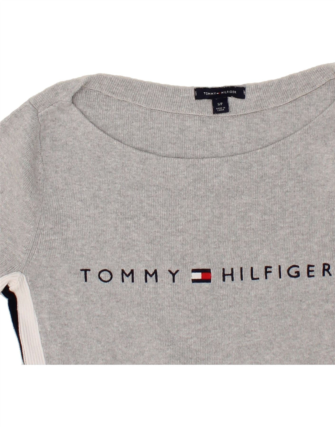 TOMMY HILFIGER Mens Graphic Top Long Sleeve Small Grey Colourblock Vintage Tommy Hilfiger and Second-Hand Tommy Hilfiger from Messina Hembry 