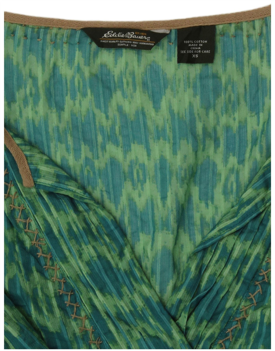 Eddie Bauer Damska tunika z rękawami 3/4 i luźnym krojem, UK 6 XS, zielona bawełna Ikat