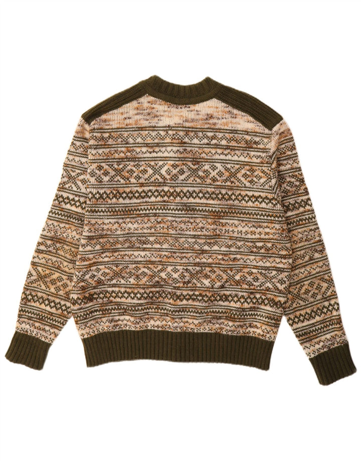 Vintage męski sweter rozpinany, średni zielony Fair Isle akryl