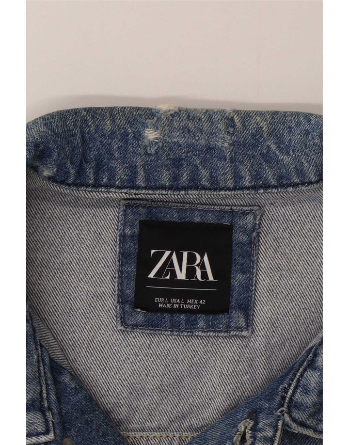 Męska kurtka dżinsowa Zara Artist Graphic w trudnej sytuacji UK 42, duży niebieski patchwork