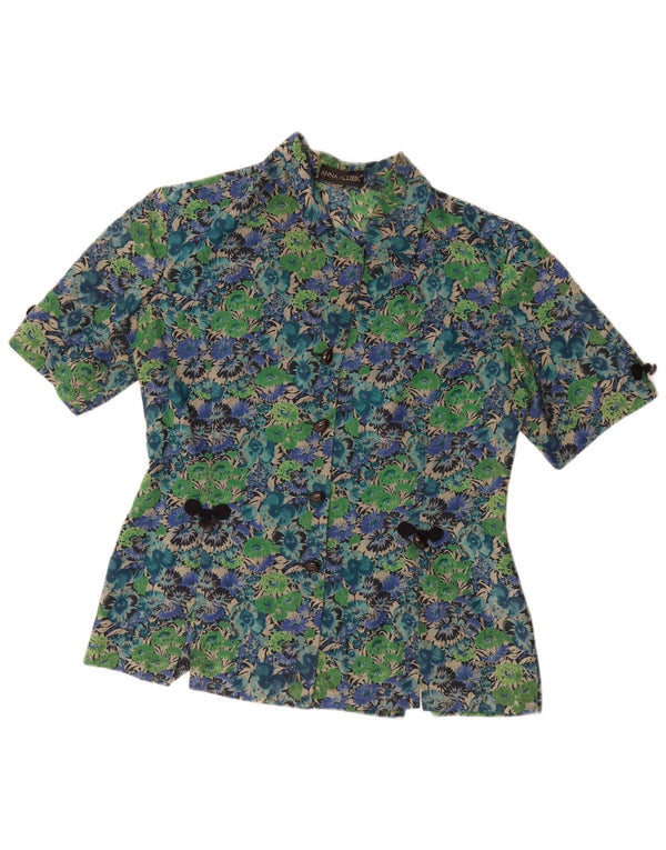 Bluzka damska z krótkim rękawem w stylu vintage, UK 14, duża, zielona, z kwiatowym octanem