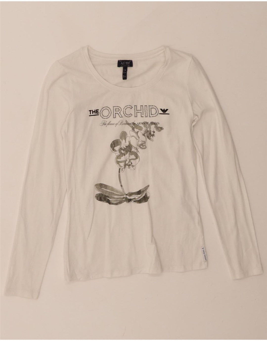 ARMANI JEANS Womens Graphic Top Long Sleeve UK 12 Medium White Cotton
