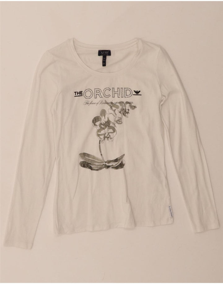 ARMANI JEANS Womens Graphic Top Long Sleeve UK 12 Medium White Cotton