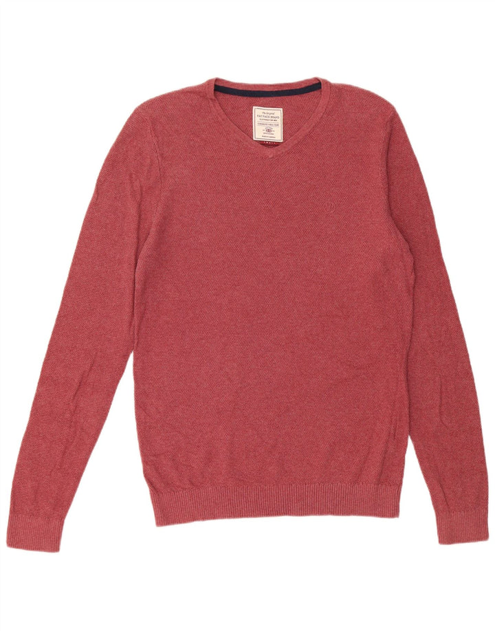 Męski sweter z dekoltem w serek Fat Face, mały, czerwony, bawełniany