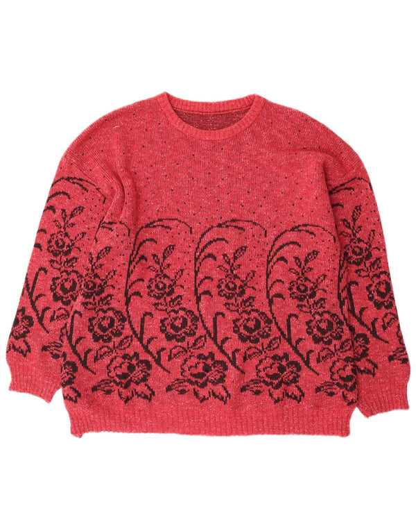 Sweter damski VINTAGE z okrągłym dekoltem UK 16, duży, w czerwone kwiaty