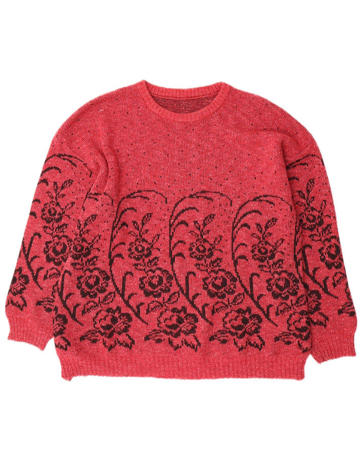 Sweter damski VINTAGE z okrągłym dekoltem UK 16, duży, w czerwone kwiaty