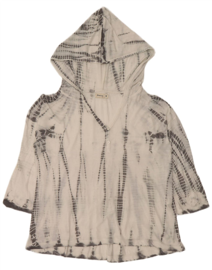 Damski top z kapturem w stylu vintage, rękaw 3/4, UK 14, średni biały poliester Tie Dye