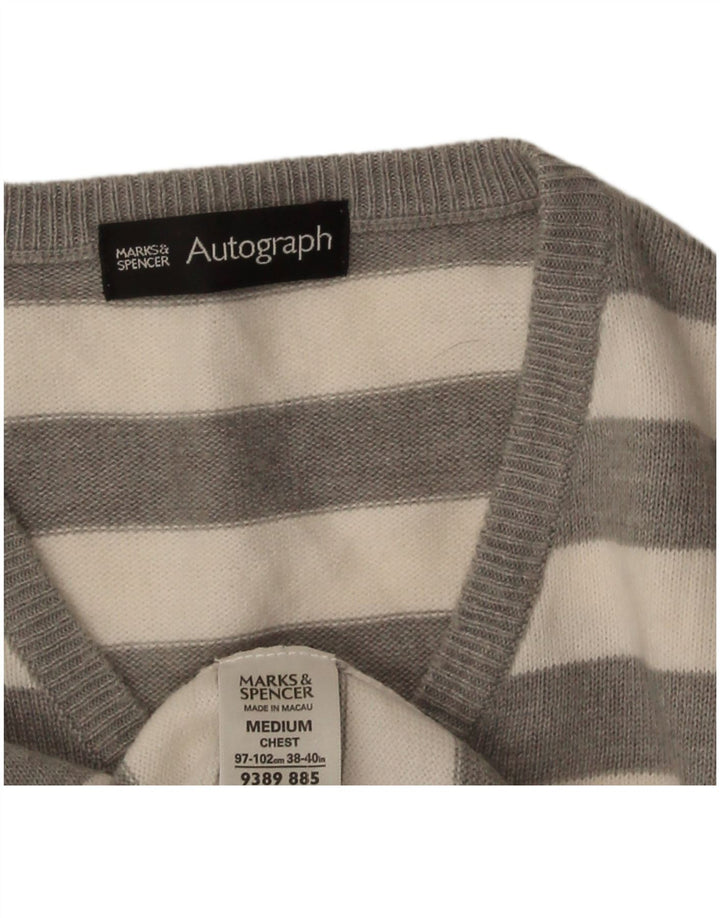 Marks & Spencer Męski sweter z dekoltem w kształcie litery V, z autografem, w średnie szare paski