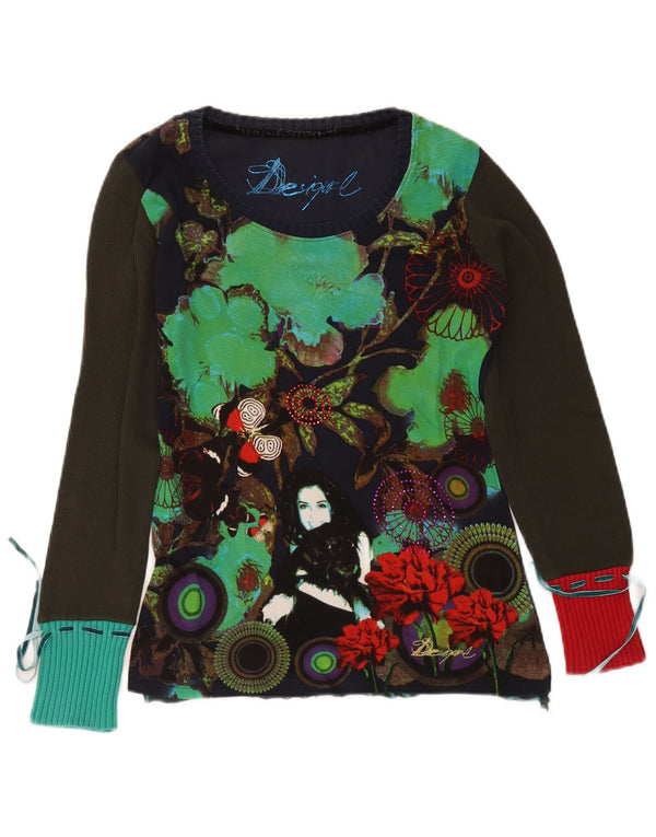 Desigual damski top graficzny z długim rękawem UK 14, duży granatowy w kwiaty