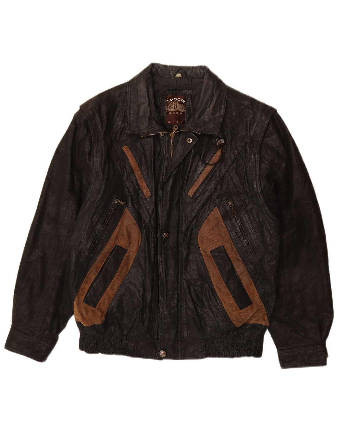 Męska kurtka skórzana VINTAGE UK 40, duża czarna skóra z blokami kolorów