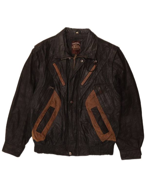 Męska kurtka skórzana VINTAGE UK 40, duża czarna skóra z blokami kolorów