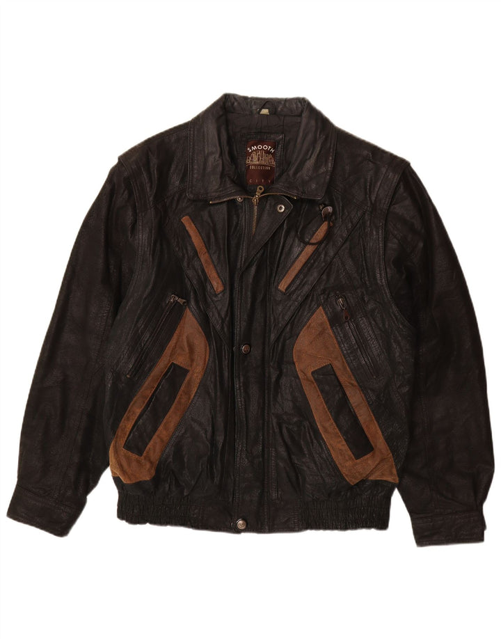 Męska kurtka skórzana VINTAGE UK 40, duża czarna skóra z blokami kolorów