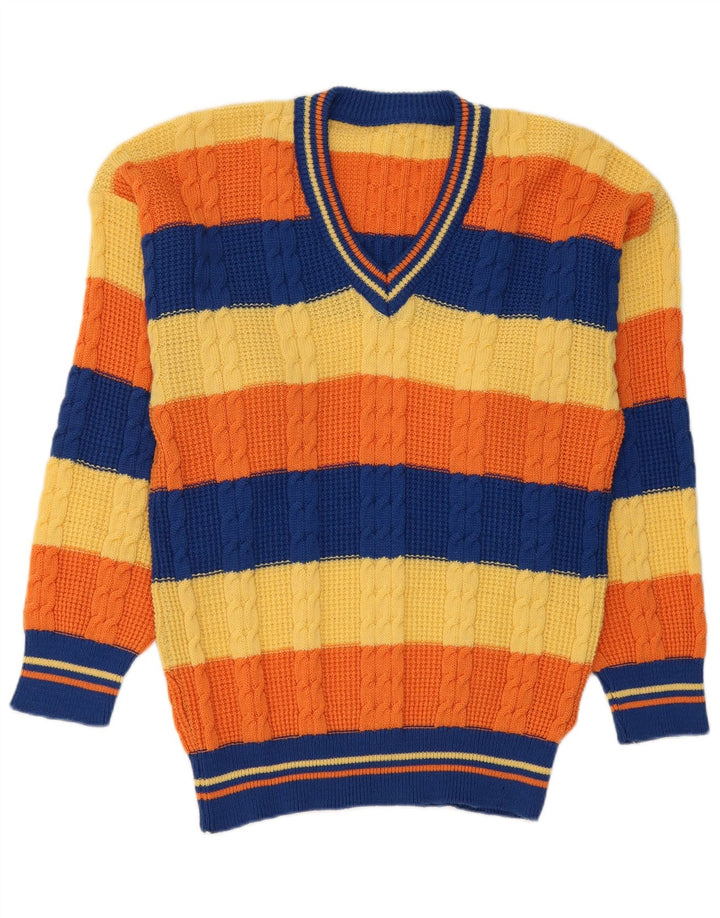 Męski sweter w stylu vintage z dekoltem w szpic, w średnie, wielokolorowe paski