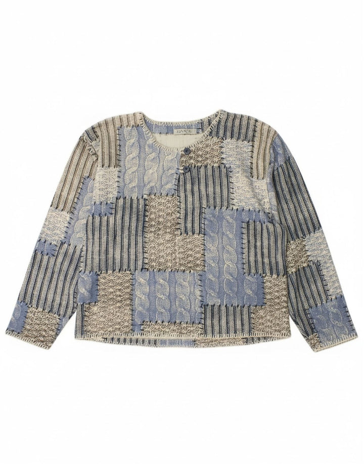 VINTAGE Womens Crew Neck Jumper Sweater UK 14 Medium Blue Patchwork Cotton