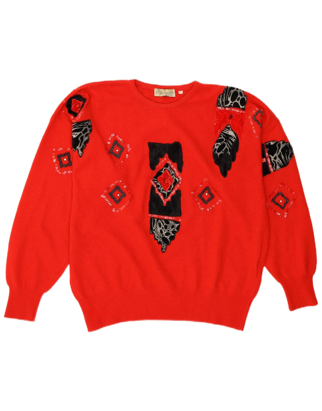 Vintage damski sweter z wycięciem pod szyją, UK 10, mały, czerwony, geometryczny