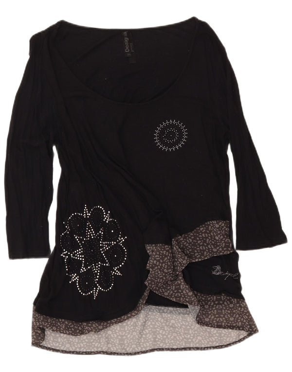 Damski graficzny top DESIGUAL z rękawem 3/4, UK 18 XL, czarny, wiskoza z nadrukiem zwierzęcym