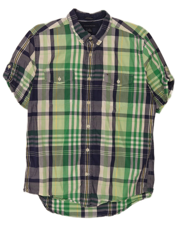 Tommy Hilfiger Mens Short Sleeve Custom Fit Shirt Medium Green Check Cotton