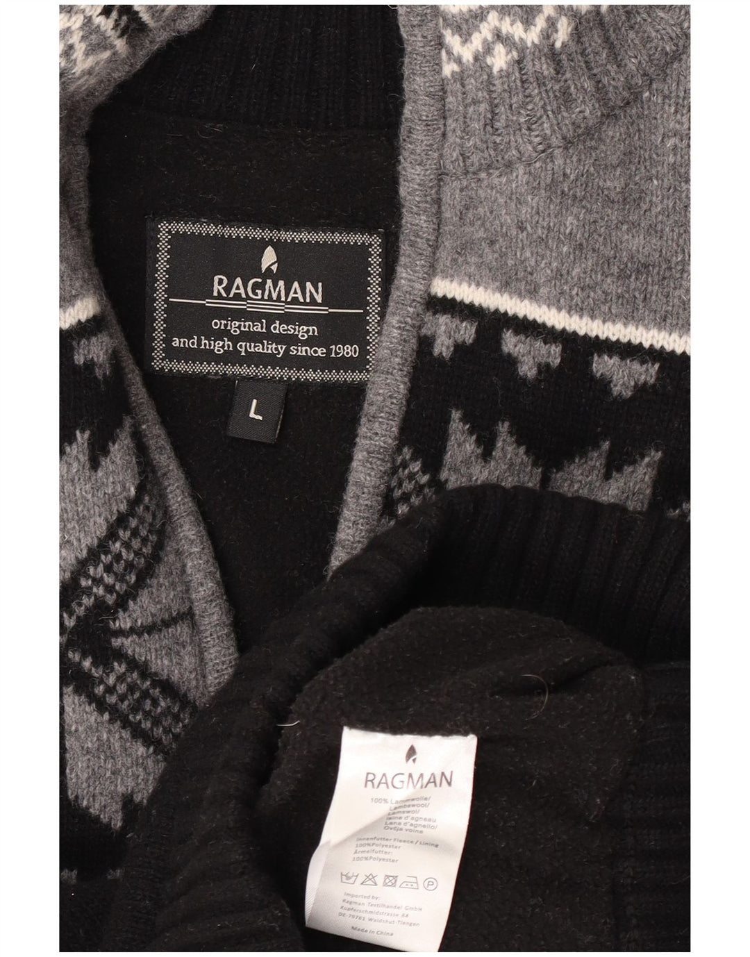 Męski sweter Ragman z zamkiem błyskawicznym, duży, czarny, Fair Isle Lambswool