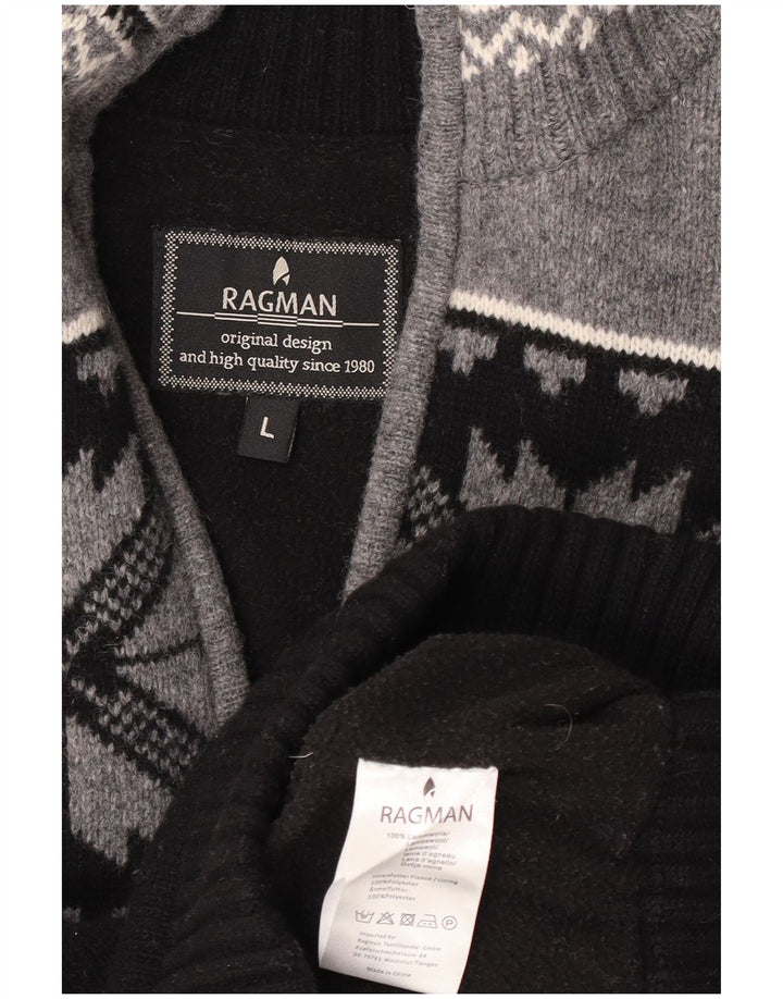 Męski sweter Ragman z zamkiem błyskawicznym, duży, czarny, Fair Isle Lambswool