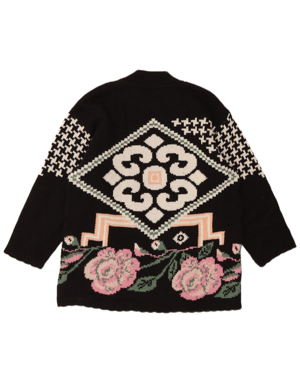Sweter damski VINTAGE z golfem UK 16, duży, czarny, z wełną w kwiaty