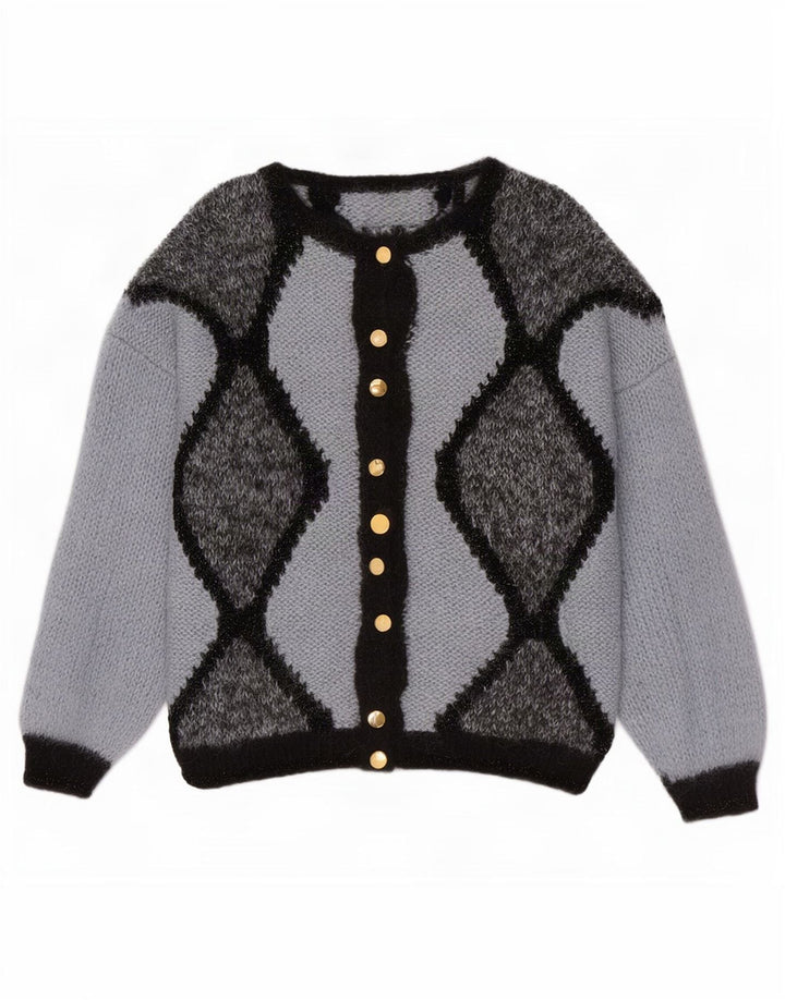 Sweter damski w stylu vintage, rozpinany UK 16, duży niebieski Argyle/diament