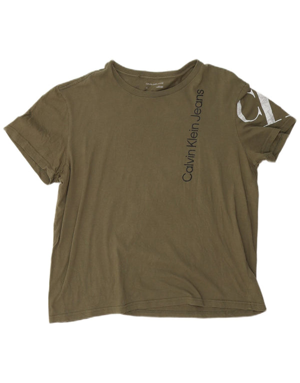 CALVIN KLEIN JEANS Męski T-shirt z grafiką, duży, bawełniany khaki