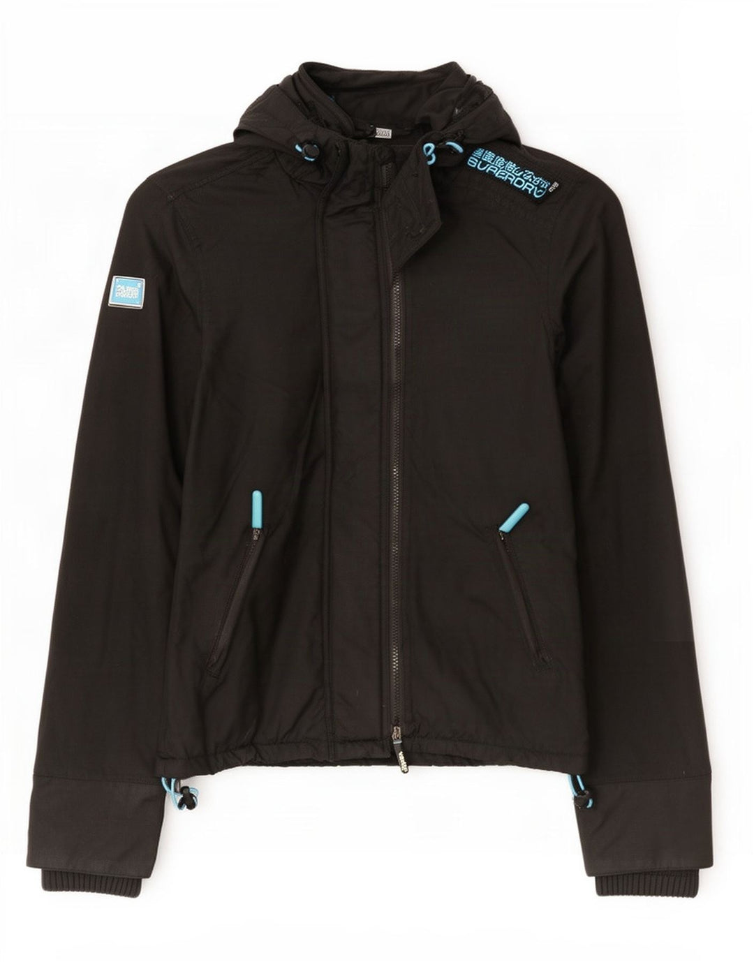 Damska kurtka wiatrówka z kapturem Superdry UK 14, średni czarny nylon