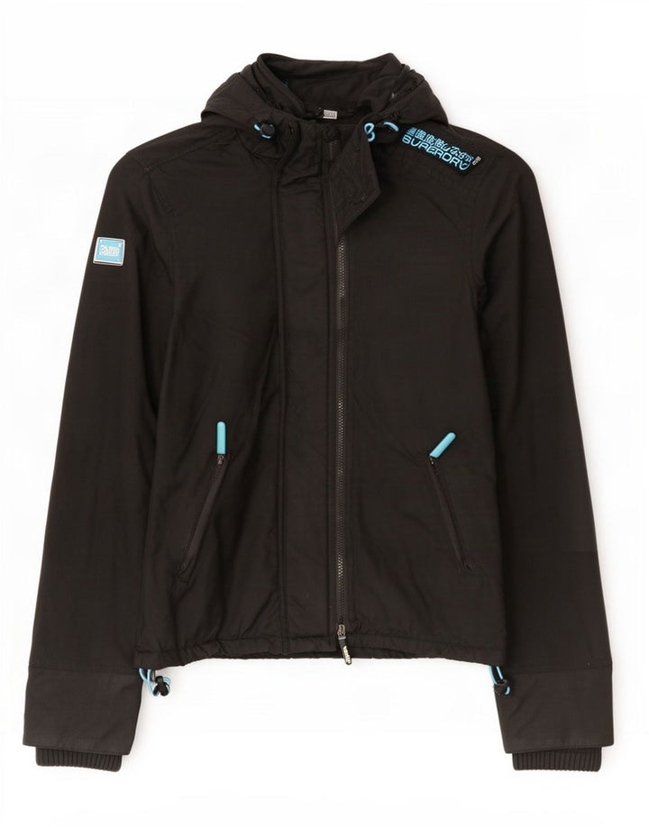 Damska kurtka wiatrówka z kapturem Superdry UK 14, średni czarny nylon