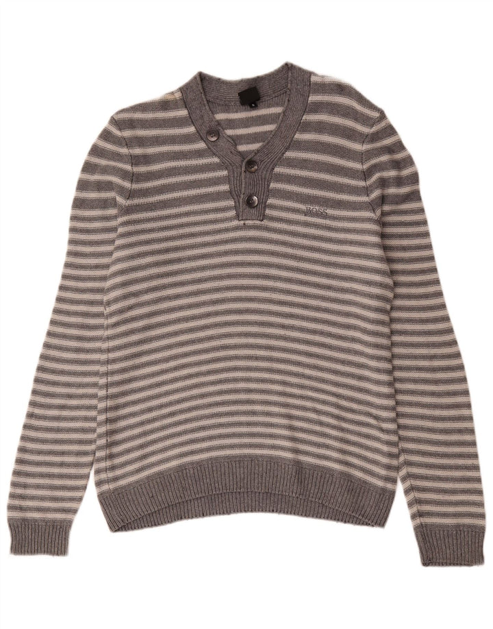Męski sweter Hugo Boss z dekoltem w kształcie litery V, małe, szare, bawełniane paski