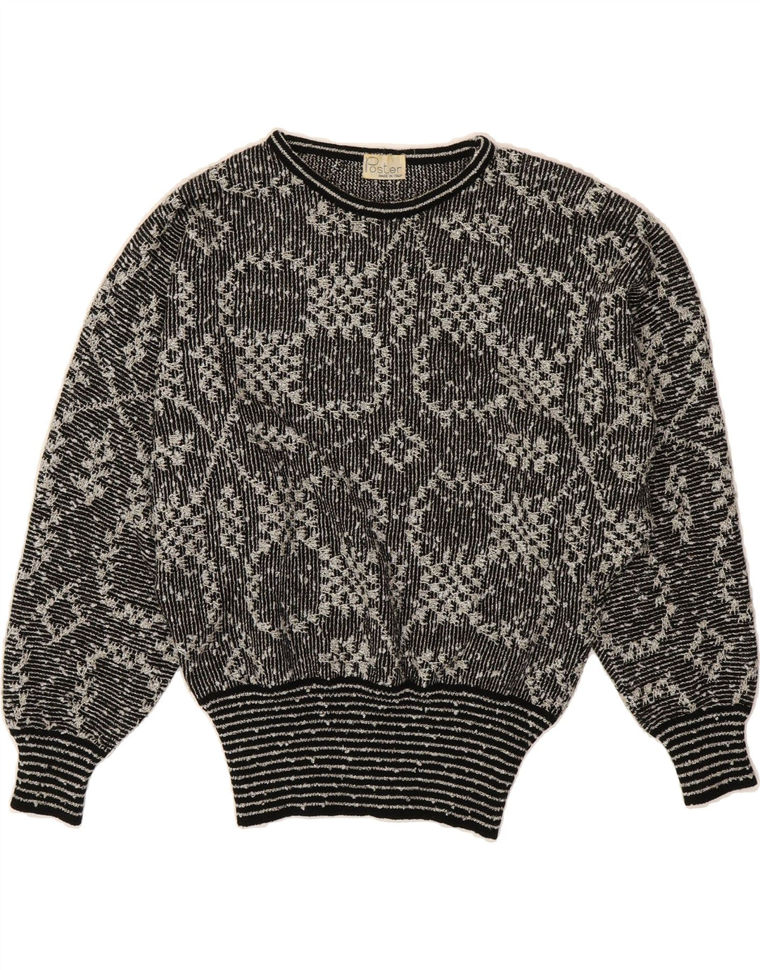 VINTAGE Womens Crew Neck Jumper Sweater UK 14 Medium Black Striped Wool Vintage Vintage and Second-Hand Vintage from Messina Hembry 