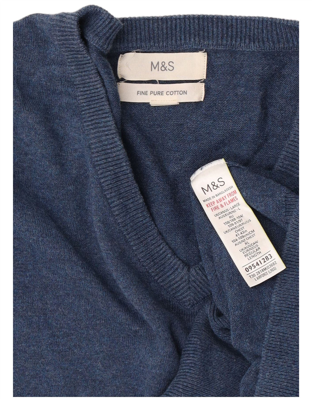 Marks & Spencer Męski sweter z dekoltem w kształcie litery V, duży, niebieski, bawełniany