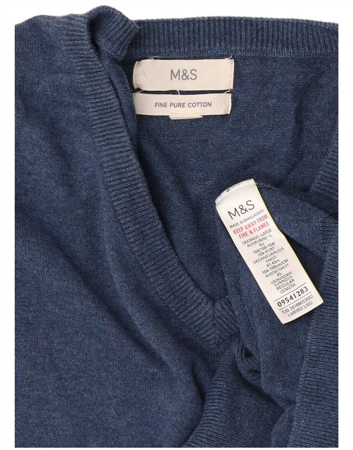 Marks & Spencer Męski sweter z dekoltem w kształcie litery V, duży, niebieski, bawełniany