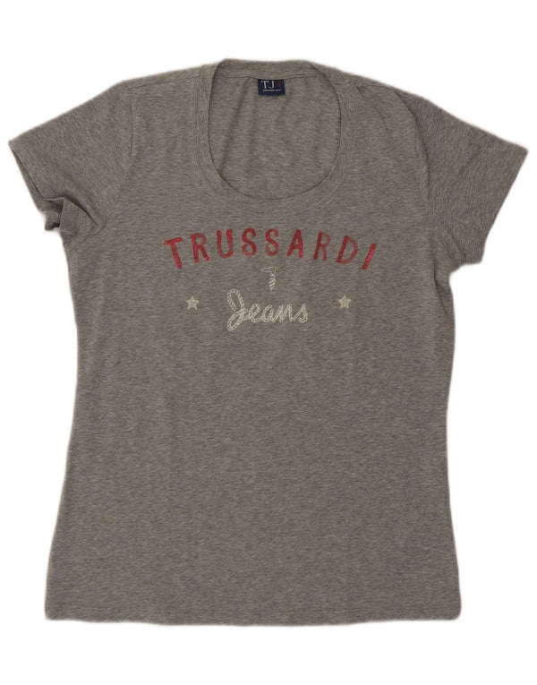 Damska koszulka z grafiką Trussardi Jeans Top UK 14, duża, szara bawełna