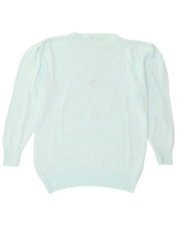 Damski sweter w stylu vintage z graficznym dekoltem w łódkę, EU 44 XL, turkusowa bawełna